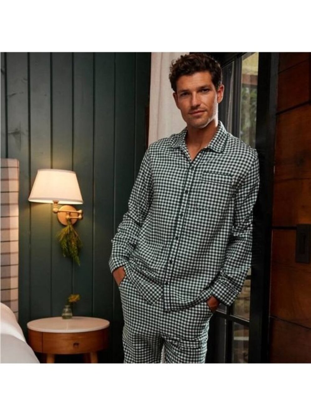 LAKE Men’s Flannel Piped Pants Set Pajamas Conifer Gingham XL